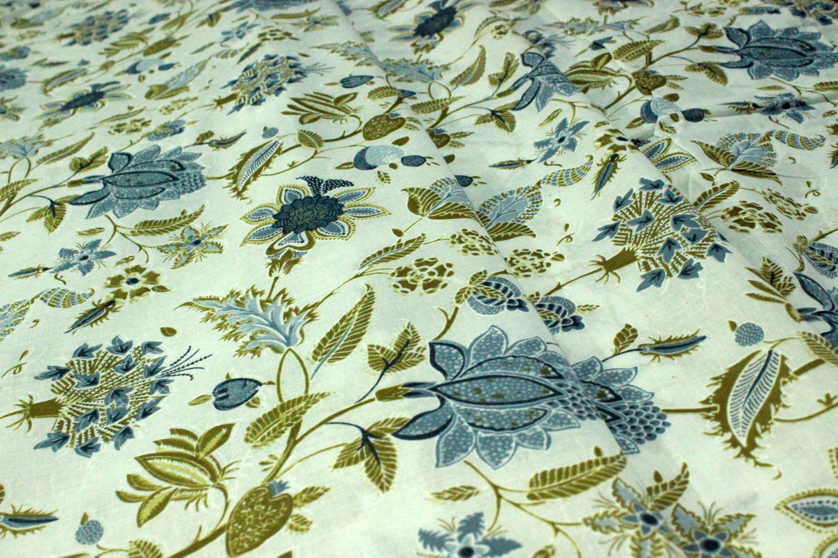 Blue Mughal Print Cotton Fabric: Indian Hand Block Print By The Yard