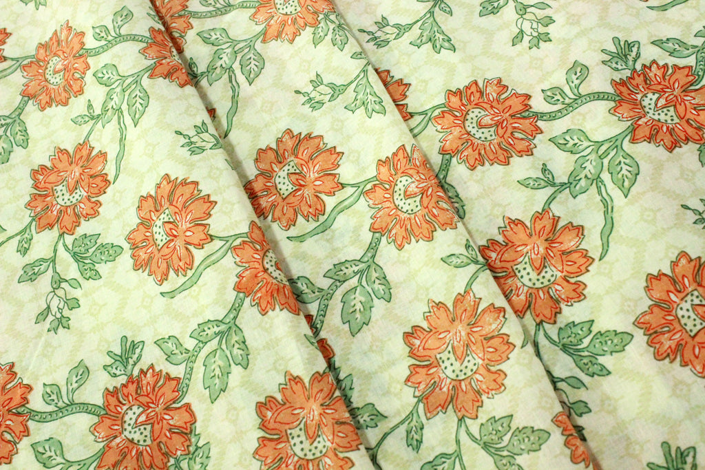 Orange and Green Floral Block Print Cotton Fabric - Indian Floral Design