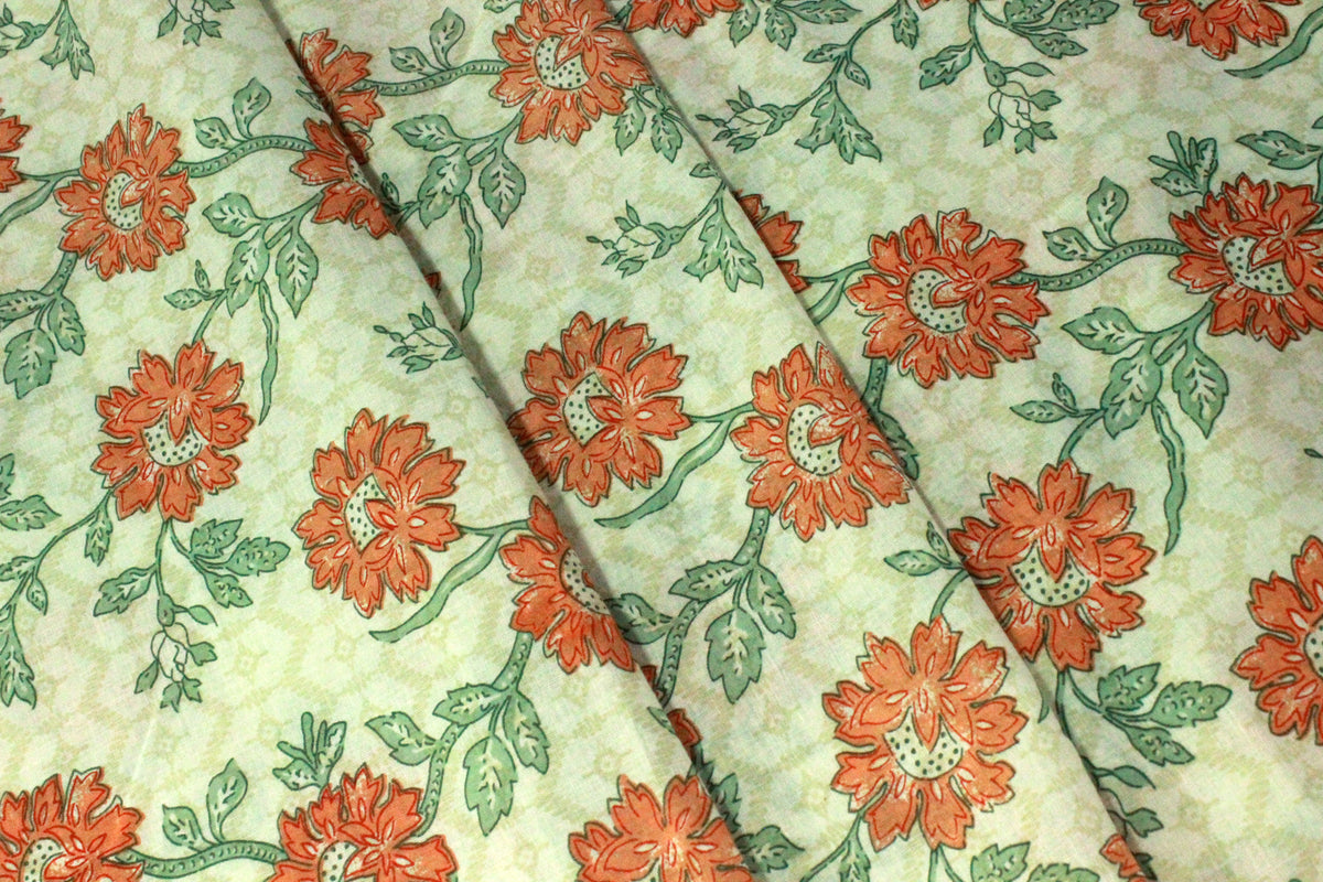 Orange and Green Floral Block Print Cotton Fabric - Indian Floral Design