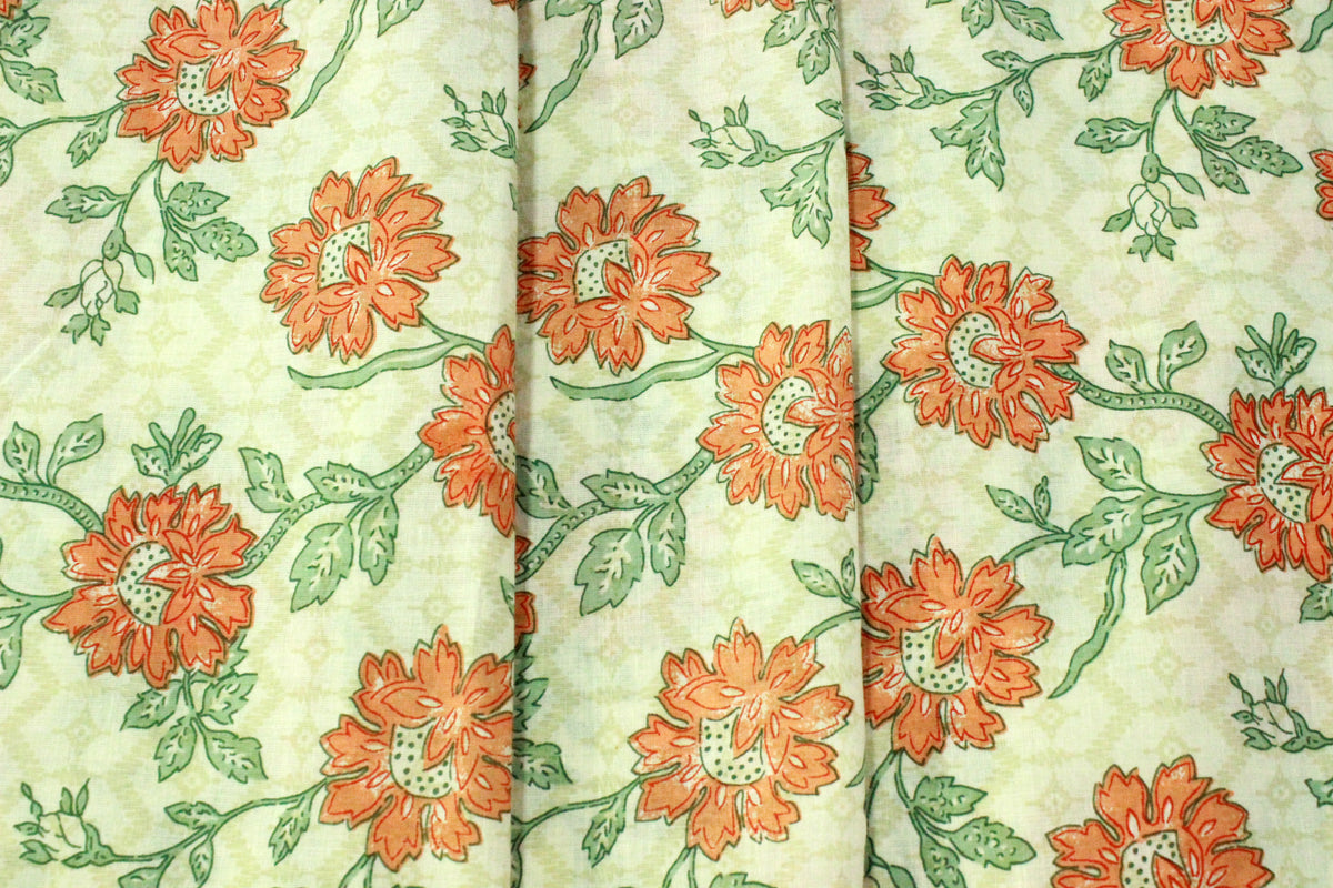 Orange and Green Floral Block Print Cotton Fabric - Indian Floral Design