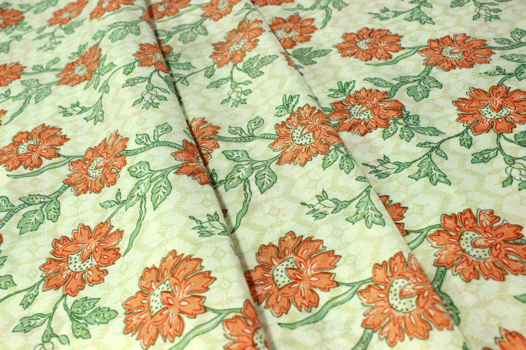 Orange and Green Floral Block Print Cotton Fabric - Indian Floral Design