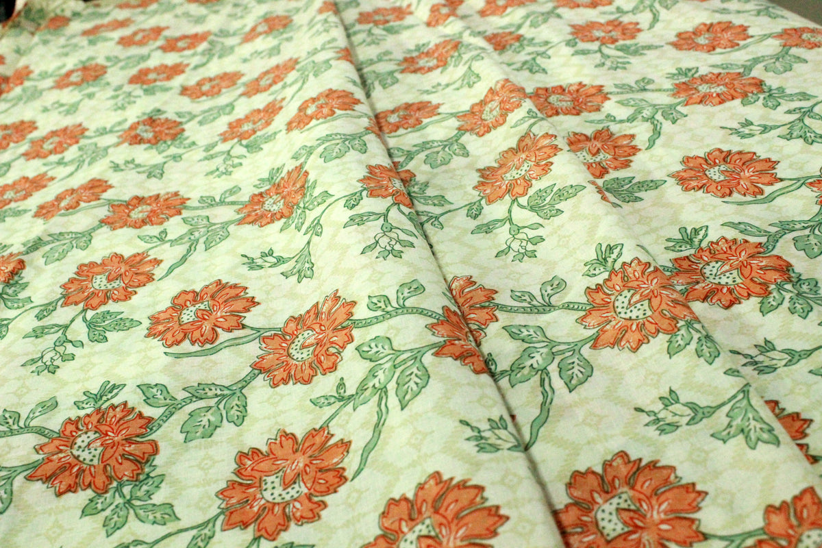 Orange and Green Floral Block Print Cotton Fabric - Indian Floral Design