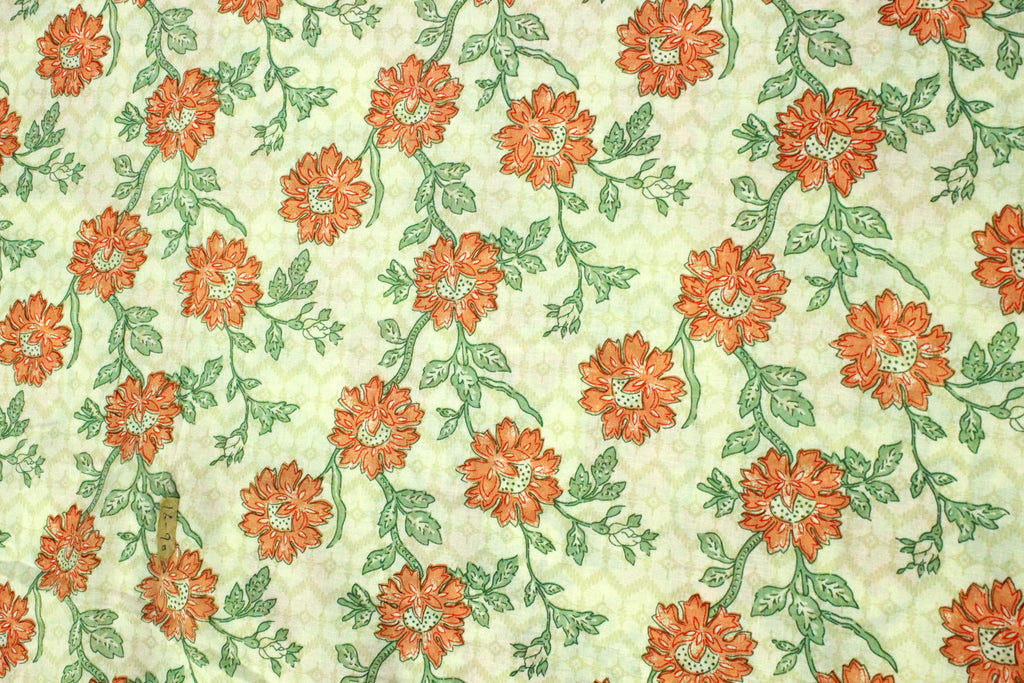 Orange and Green Floral Block Print Cotton Fabric - Indian Floral Design