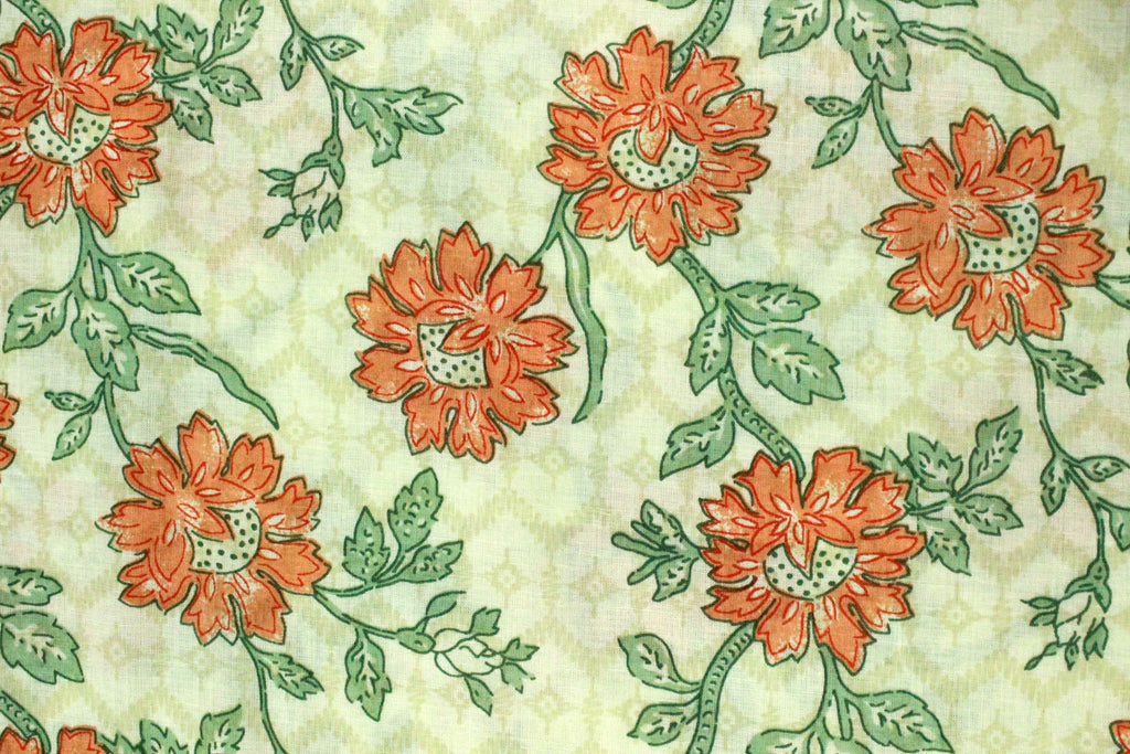 Orange and Green Floral Block Print Cotton Fabric - Indian Floral Design