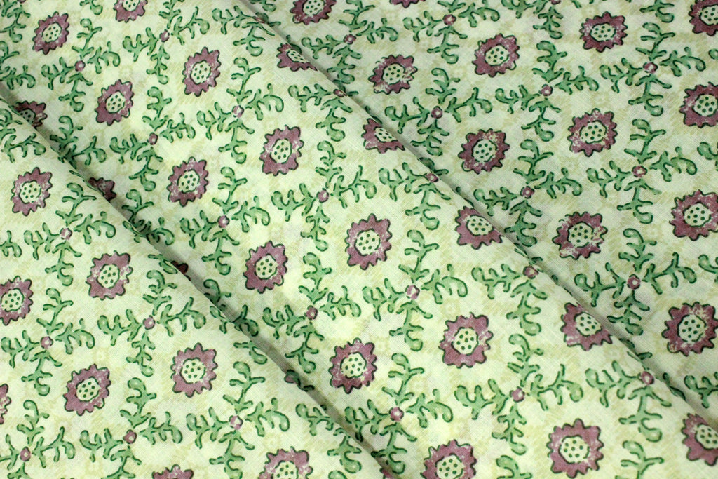Mughal Print Cotton Fabric: Green & Purple Indian Block Print by the Yard