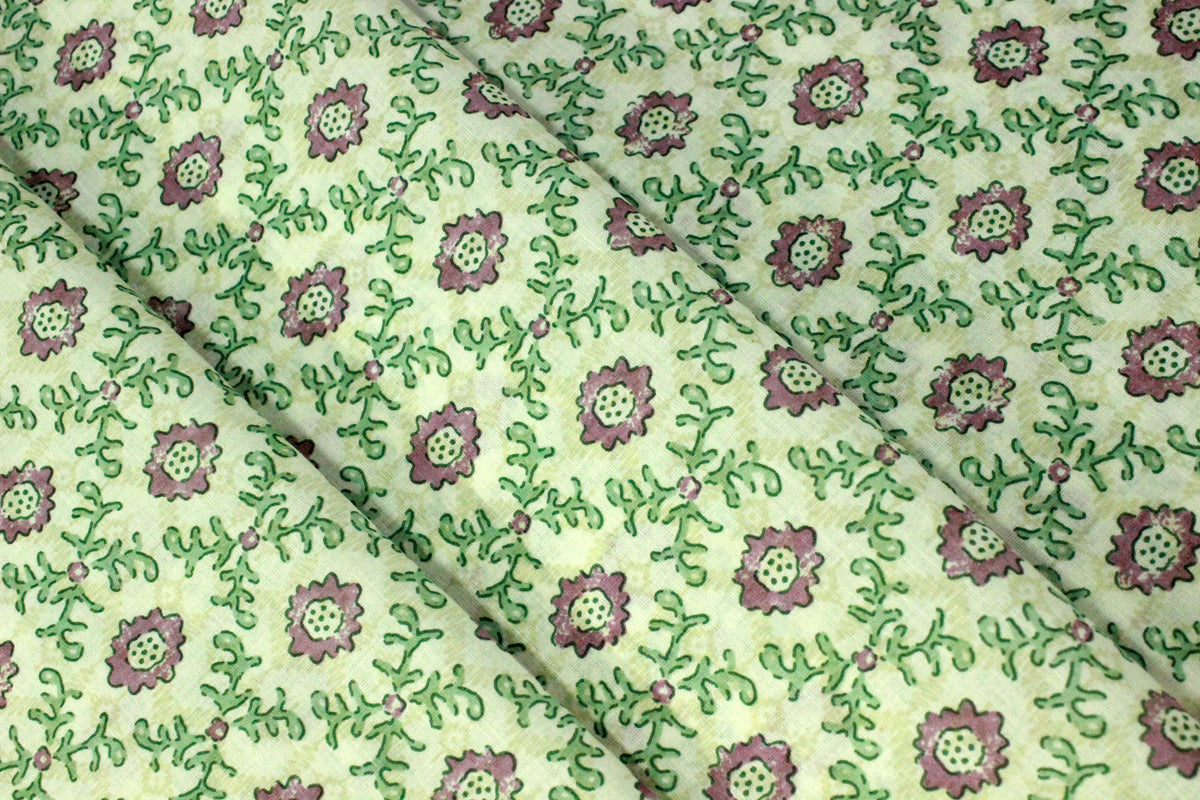 Mughal Print Cotton Fabric: Green & Purple Indian Block Print by the Yard