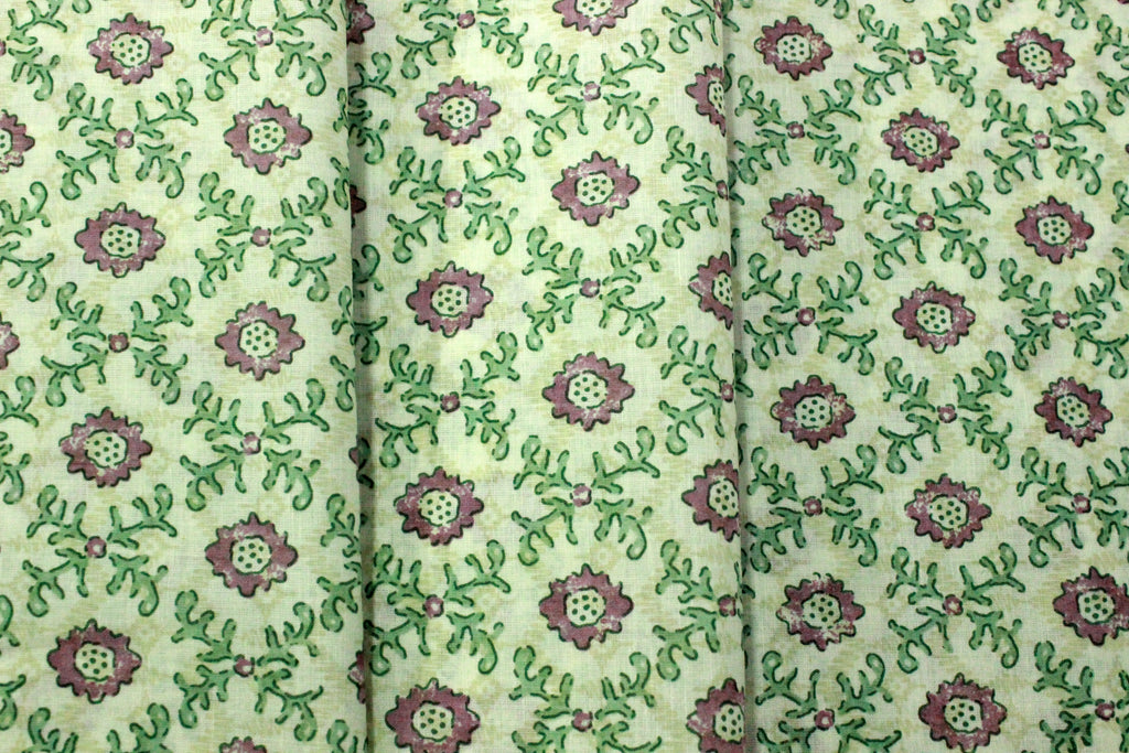 Mughal Print Cotton Fabric: Green & Purple Indian Block Print by the Yard