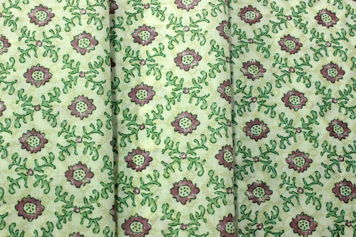 Mughal Print Cotton Fabric: Green & Purple Indian Block Print by the Yard
