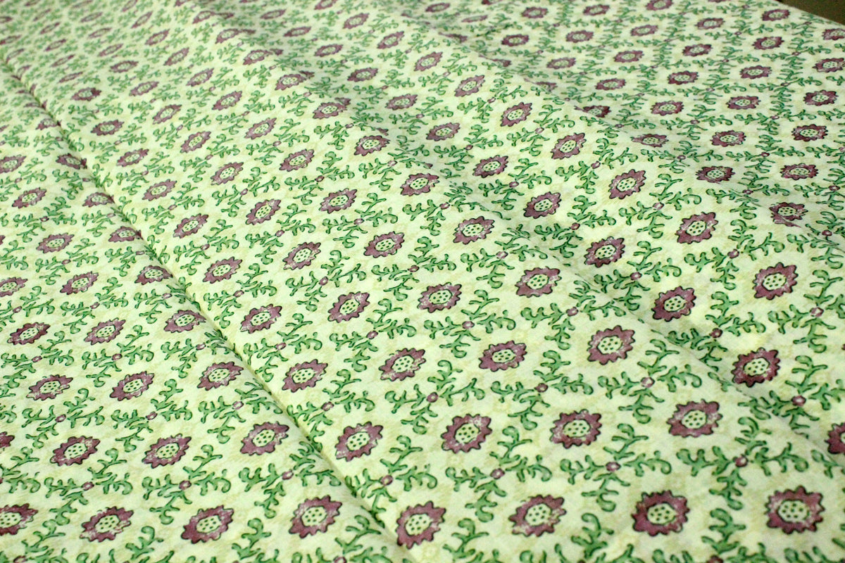 Mughal Print Cotton Fabric: Green & Purple Indian Block Print by the Yard