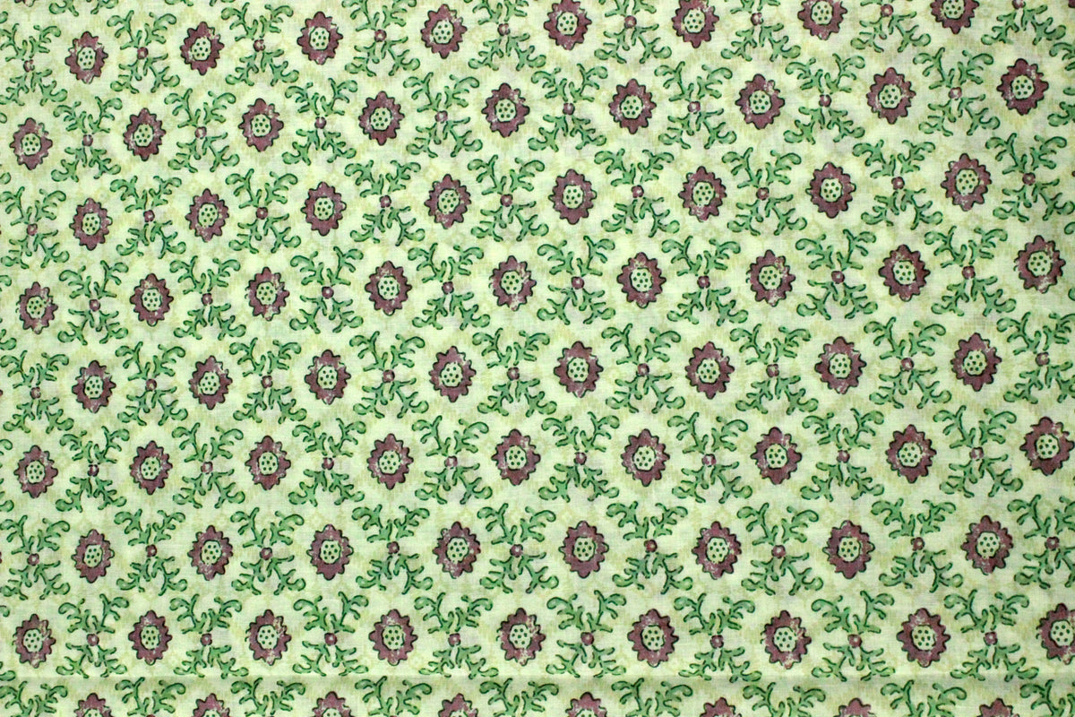 Mughal Print Cotton Fabric: Green & Purple Indian Block Print by the Yard