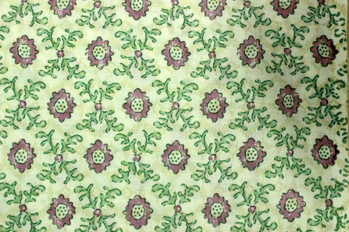 Mughal Print Cotton Fabric: Green & Purple Indian Block Print by the Yard