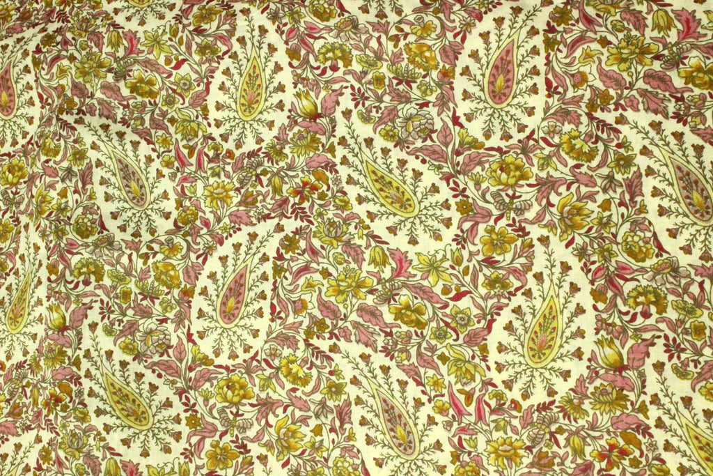 Hand Block Print Cotton Fabric: Yellow & Pink Floral Mughal Design
