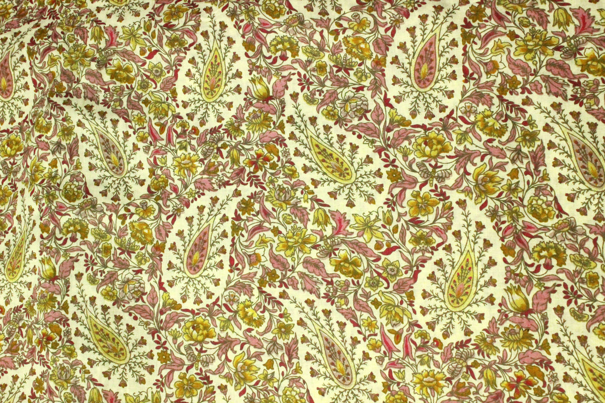 Hand Block Print Cotton Fabric: Yellow & Pink Floral Mughal Design