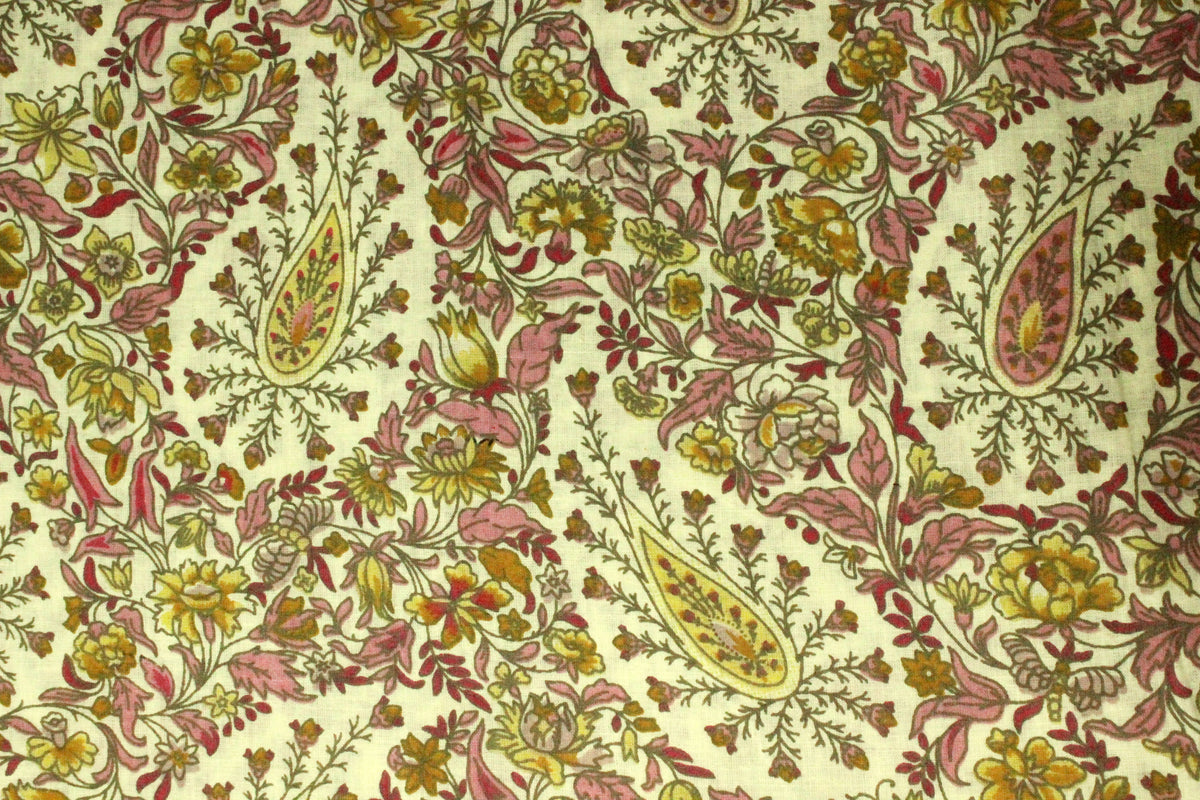 Hand Block Print Cotton Fabric: Yellow & Pink Floral Mughal Design