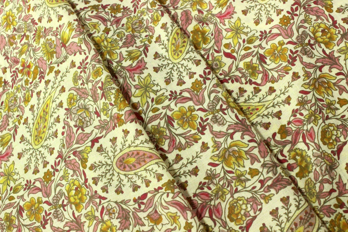 Hand Block Print Cotton Fabric: Yellow & Pink Floral Mughal Design