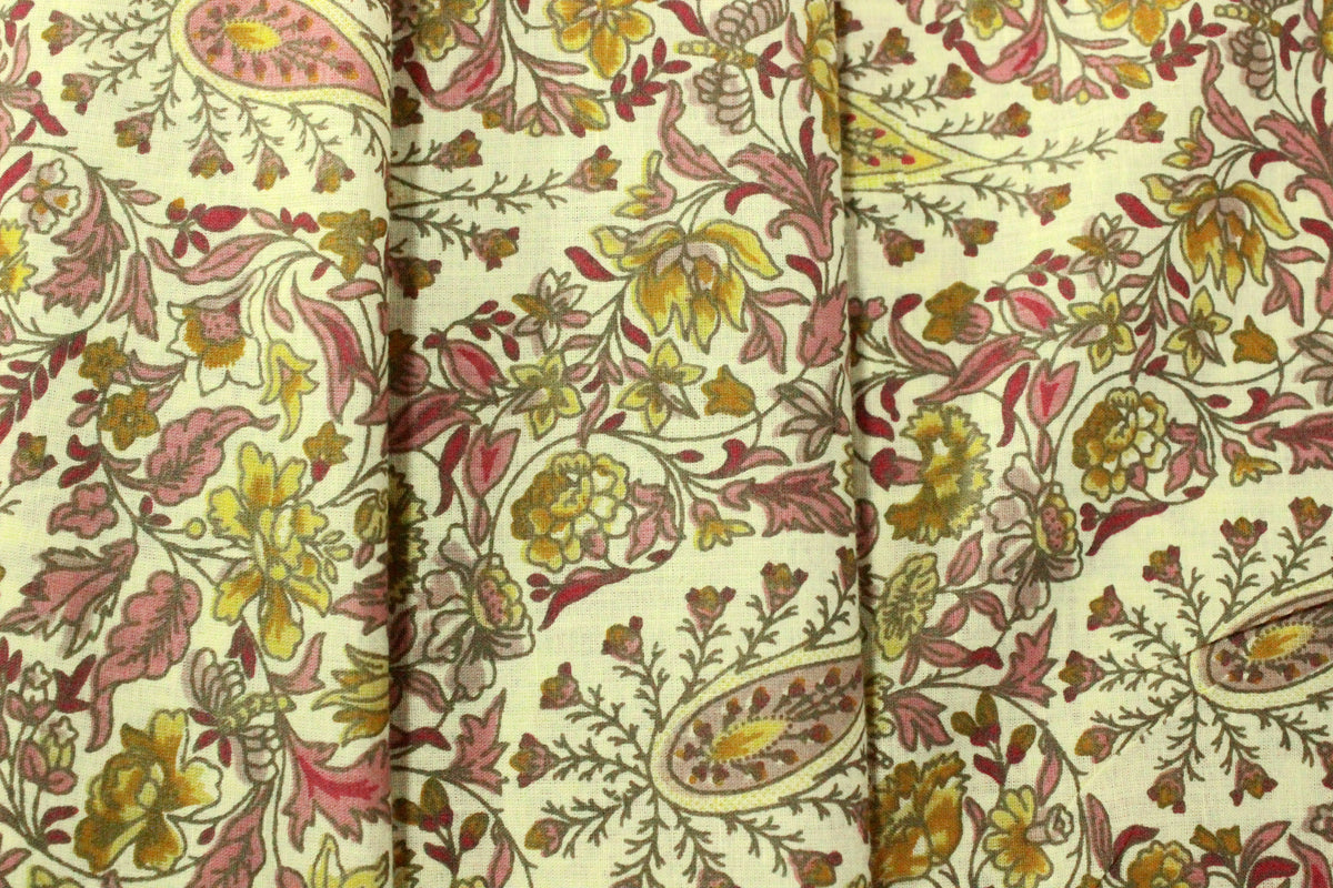Hand Block Print Cotton Fabric: Yellow & Pink Floral Mughal Design