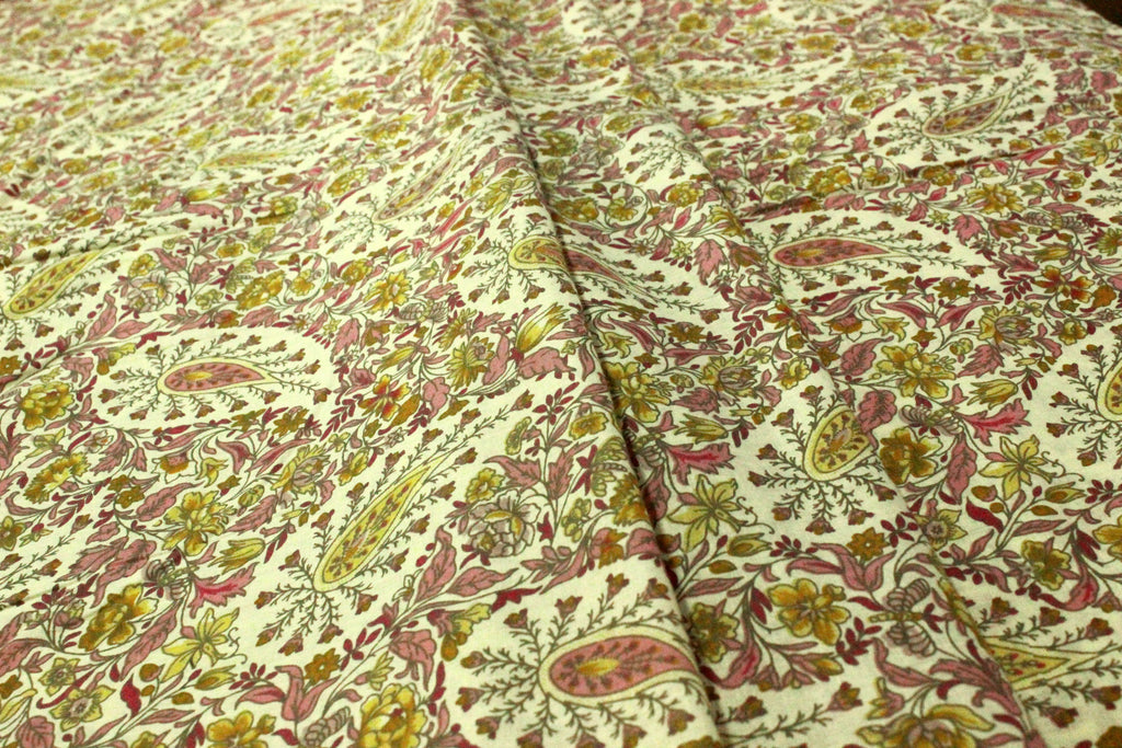 Hand Block Print Cotton Fabric: Yellow & Pink Floral Mughal Design