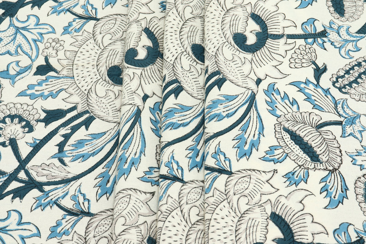 Floral Block Print Cotton Fabric: Indian Sewing Fabric By The Yard