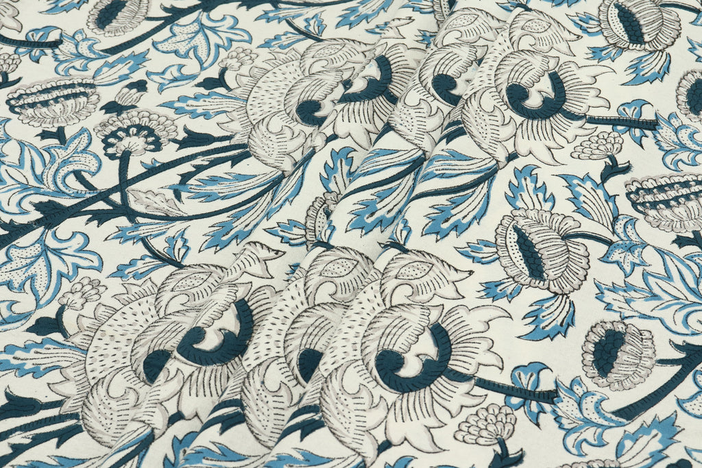 Floral Block Print Cotton Fabric: Indian Sewing Fabric By The Yard
