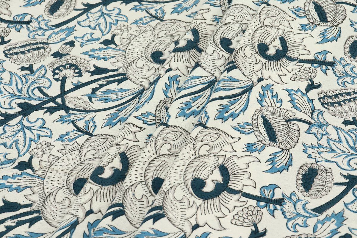 Floral Block Print Cotton Fabric: Indian Sewing Fabric By The Yard