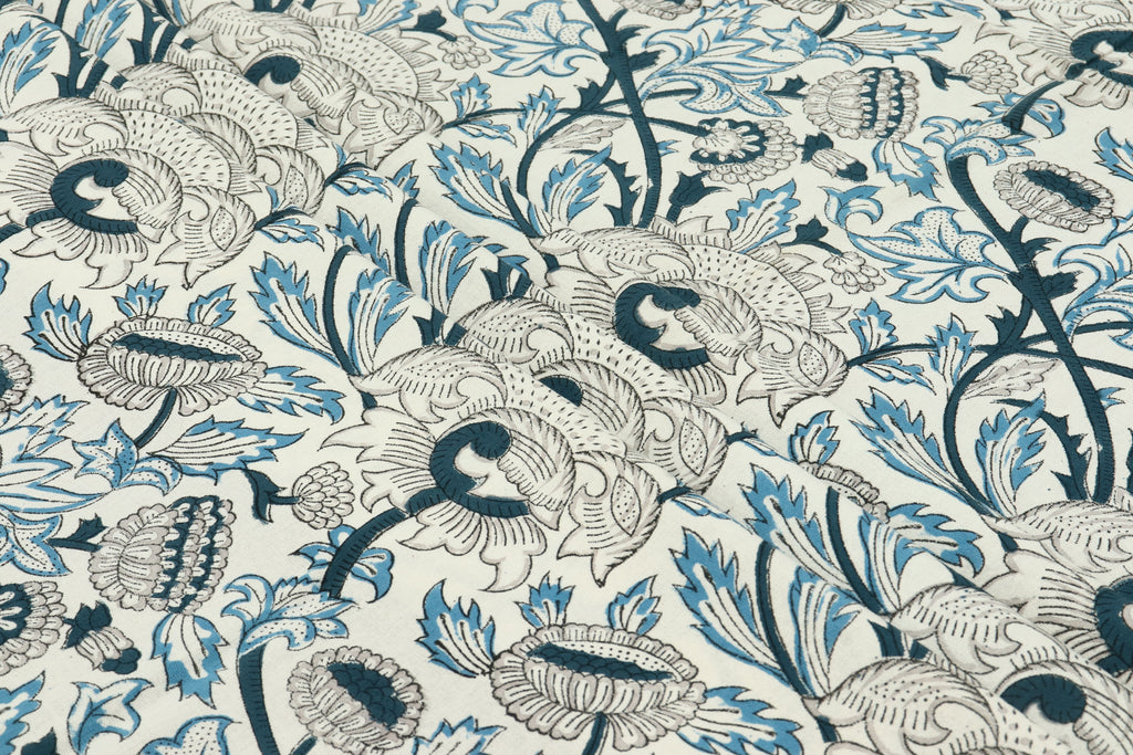 Floral Block Print Cotton Fabric: Indian Sewing Fabric By The Yard