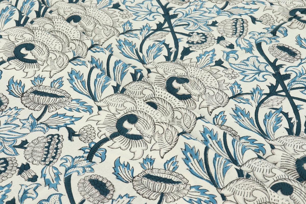 Floral Block Print Cotton Fabric: Indian Sewing Fabric By The Yard