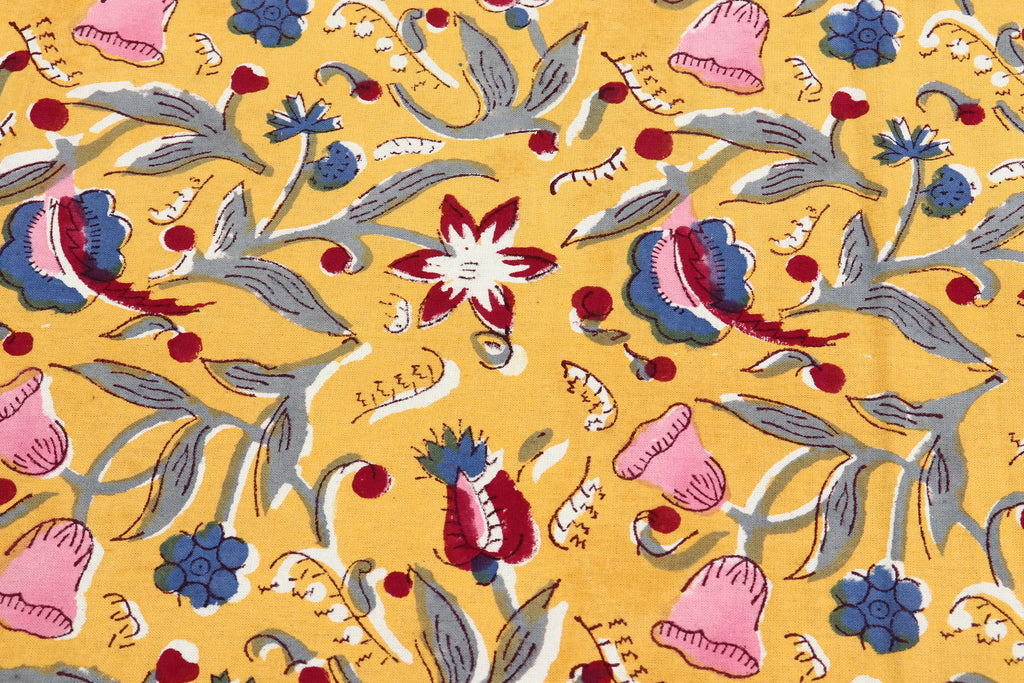 Yellow colour Pure Cotton Block Print Fabric by the Yard, fabric by the meter, Indian Wood Block, Handstamped