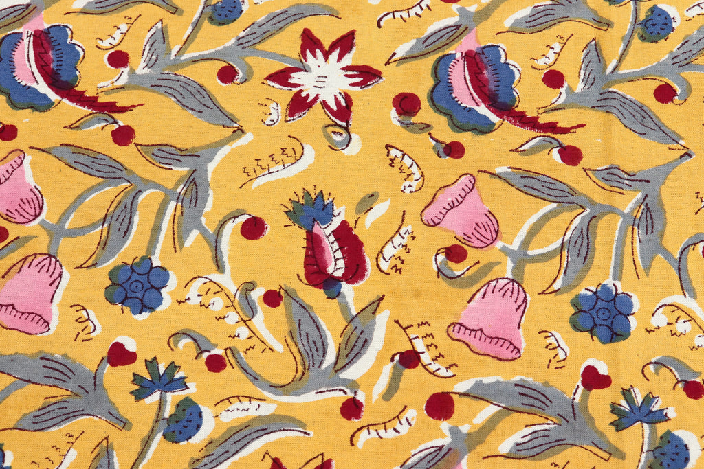 Yellow colour Pure Cotton Block Print Fabric by the Yard, fabric by the meter, Indian Wood Block, Handstamped