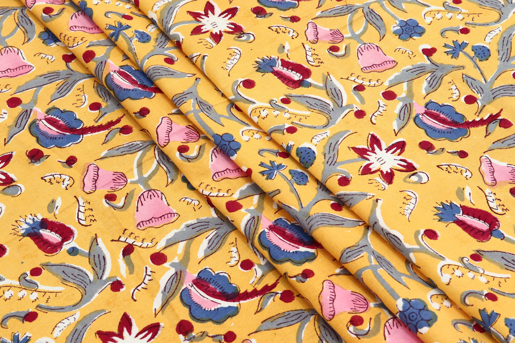 Yellow colour Pure Cotton Block Print Fabric by the Yard, fabric by the meter, Indian Wood Block, Handstamped