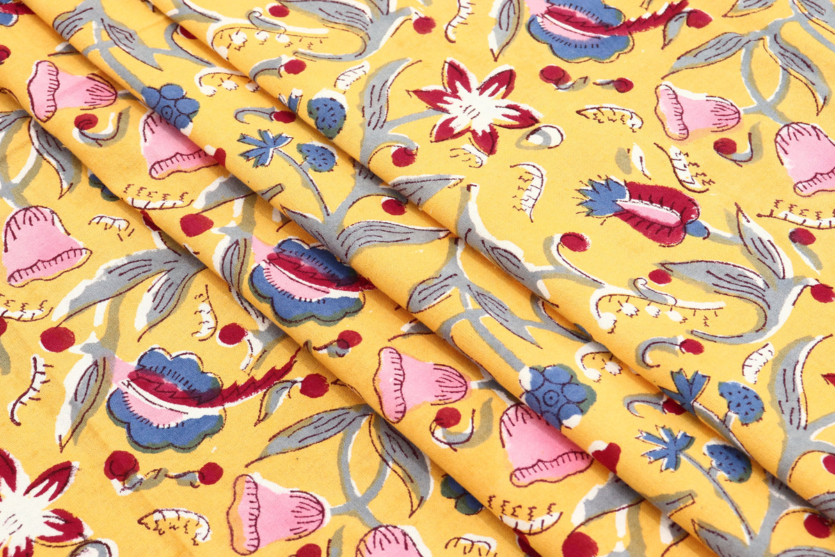 Yellow colour Pure Cotton Block Print Fabric by the Yard, fabric by the meter, Indian Wood Block, Handstamped