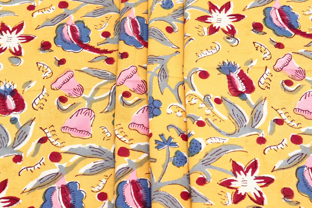 Yellow colour Pure Cotton Block Print Fabric by the Yard, fabric by the meter, Indian Wood Block, Handstamped