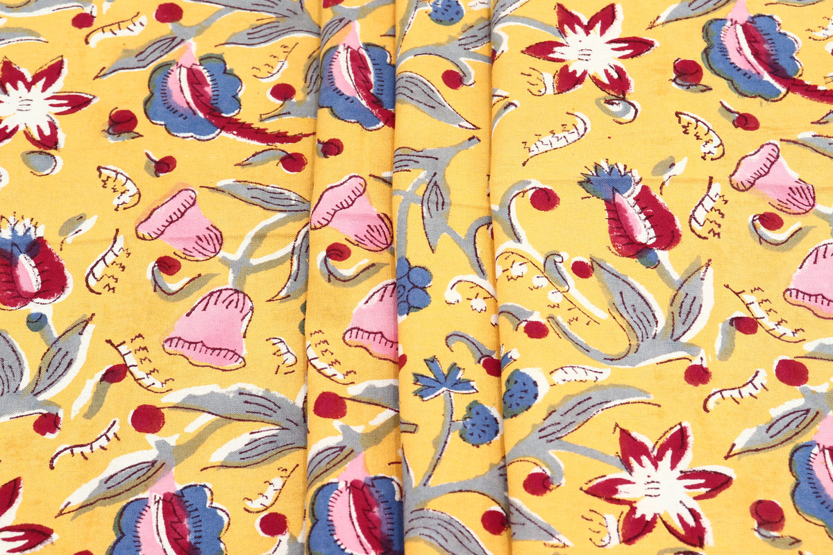 Yellow colour Pure Cotton Block Print Fabric by the Yard, fabric by the meter, Indian Wood Block, Handstamped