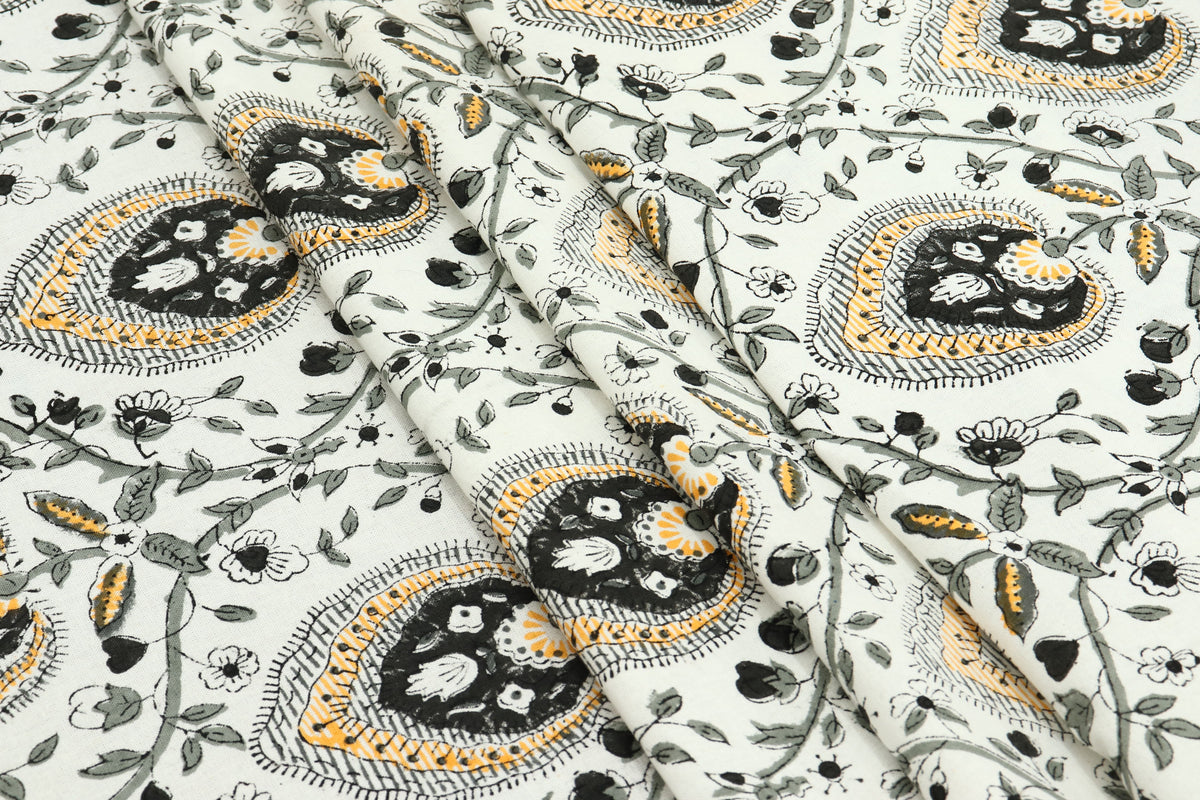 Black and White colour Pure Cotton Block Print Fabric by the Yard, fabric by the meter, Indian Wood Block, Handstamped