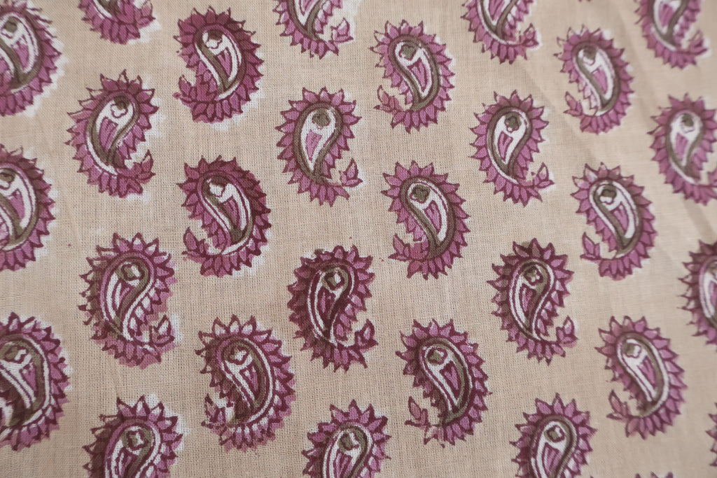 Hand Blockprint Cotton Fabric: Brown & Pink Paisley, Indian Fabric by the Yard