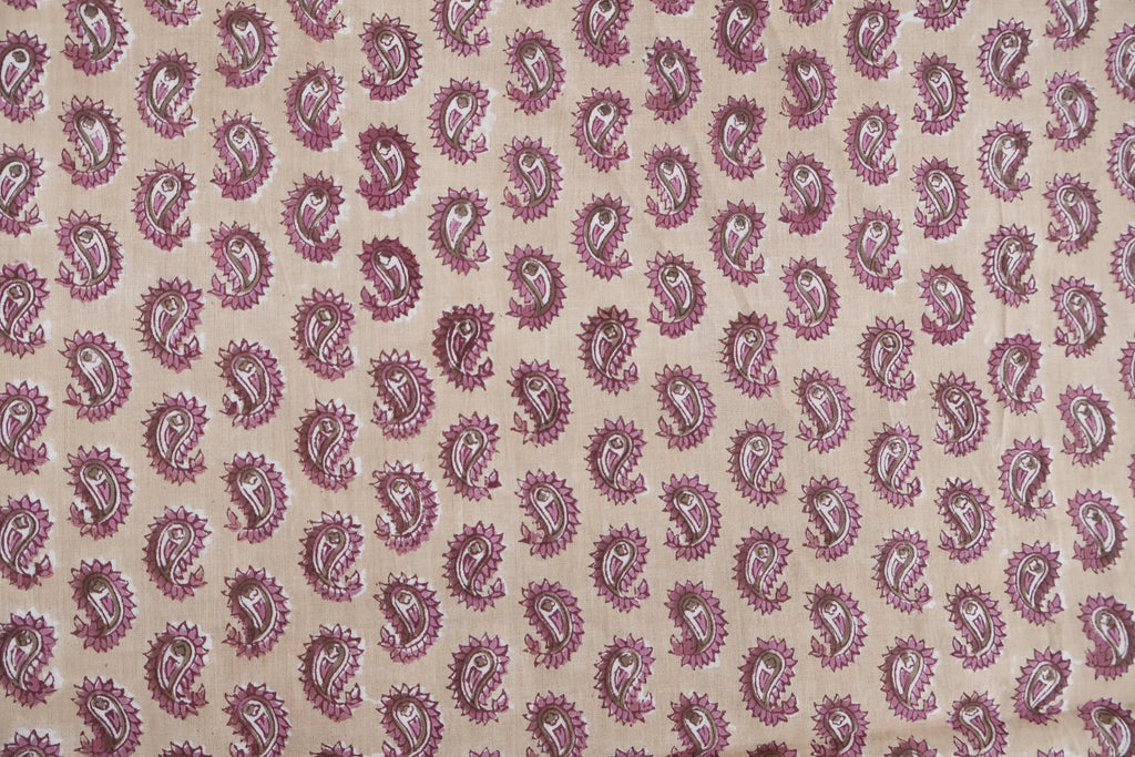 Hand Blockprint Cotton Fabric: Brown & Pink Paisley, Indian Fabric by the Yard