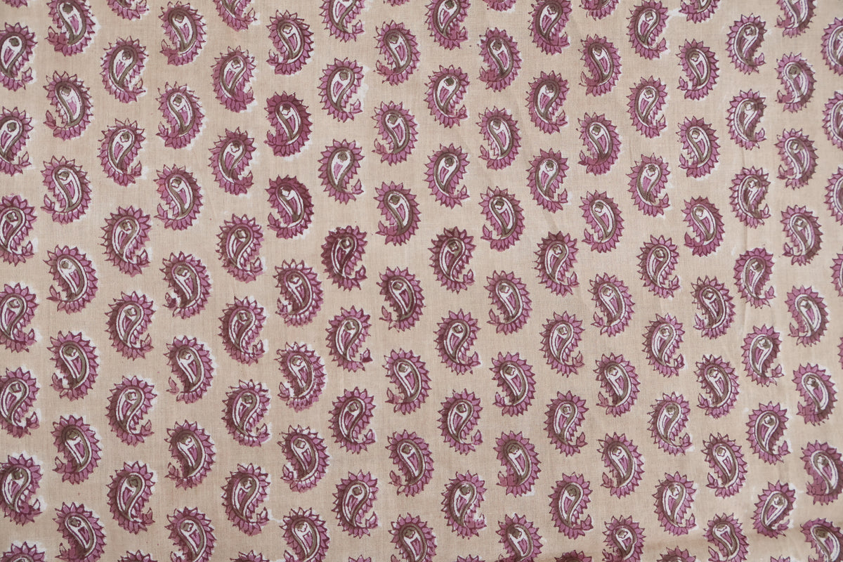 Hand Blockprint Cotton Fabric: Brown & Pink Paisley, Indian Fabric by the Yard