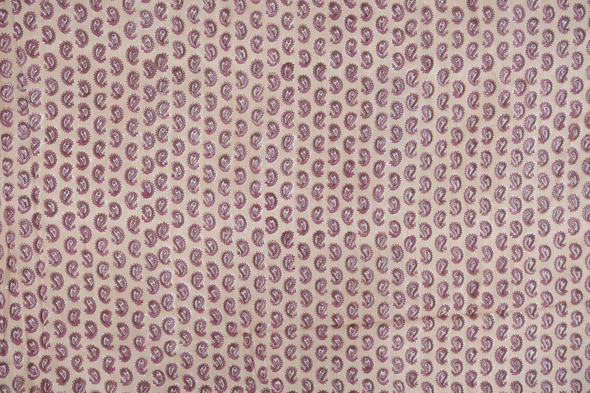 Hand Blockprint Cotton Fabric: Brown & Pink Paisley, Indian Fabric by the Yard