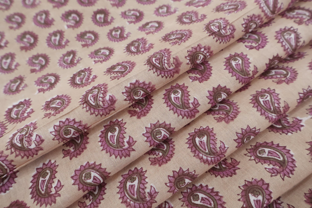 Hand Blockprint Cotton Fabric: Brown & Pink Paisley, Indian Fabric by the Yard