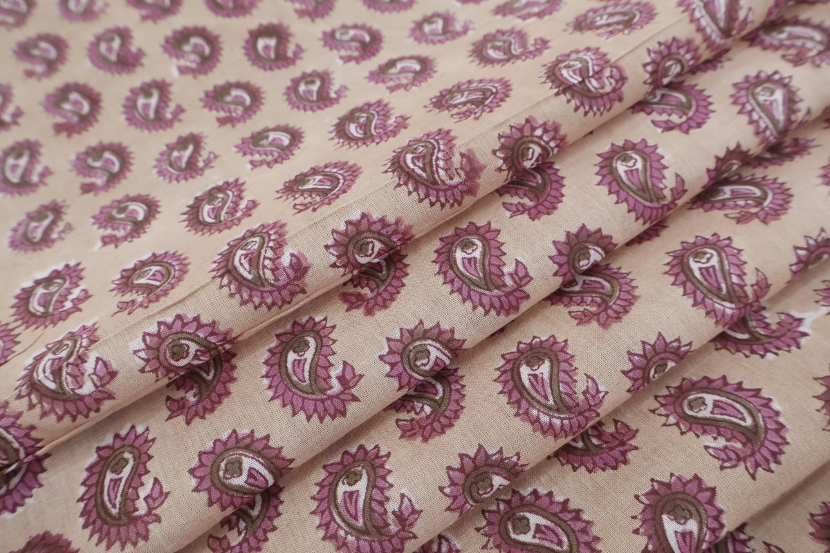 Hand Blockprint Cotton Fabric: Brown & Pink Paisley, Indian Fabric by the Yard