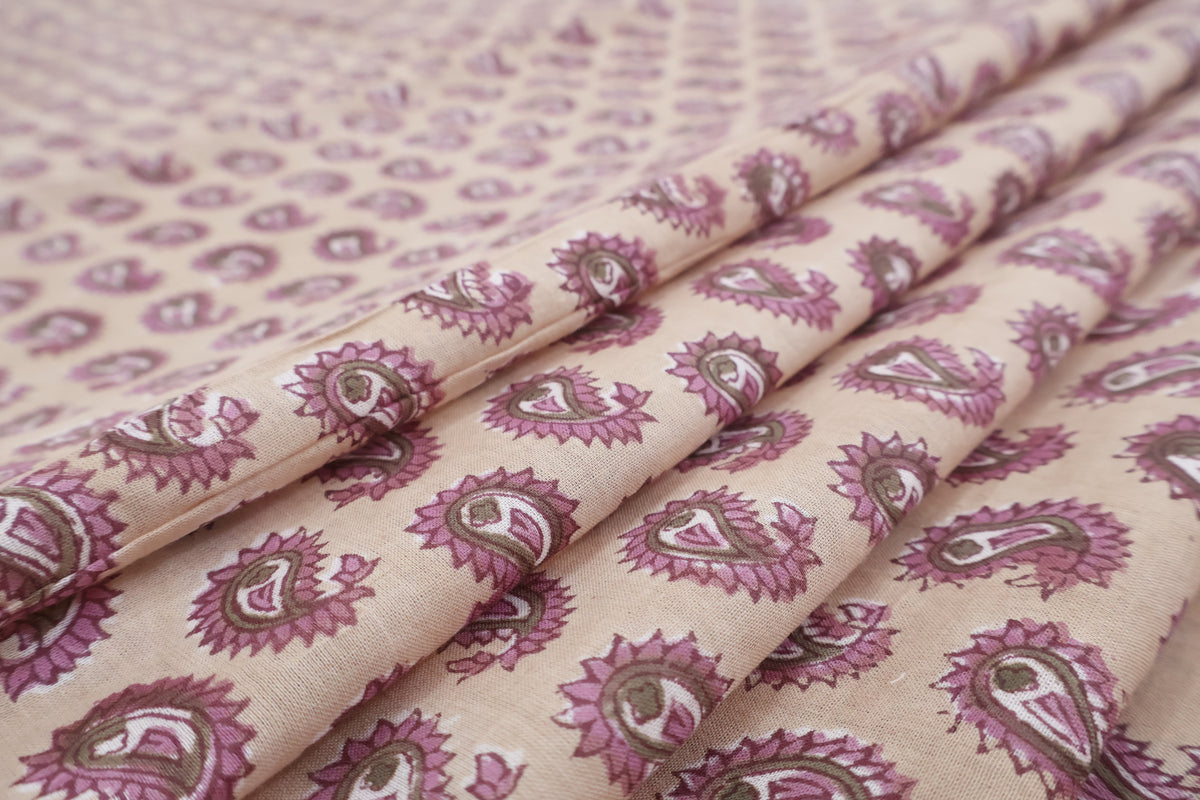 Hand Blockprint Cotton Fabric: Brown & Pink Paisley, Indian Fabric by the Yard