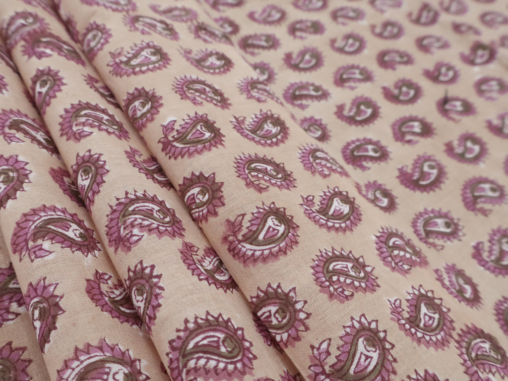 Hand Blockprint Cotton Fabric: Brown & Pink Paisley, Indian Fabric by the Yard