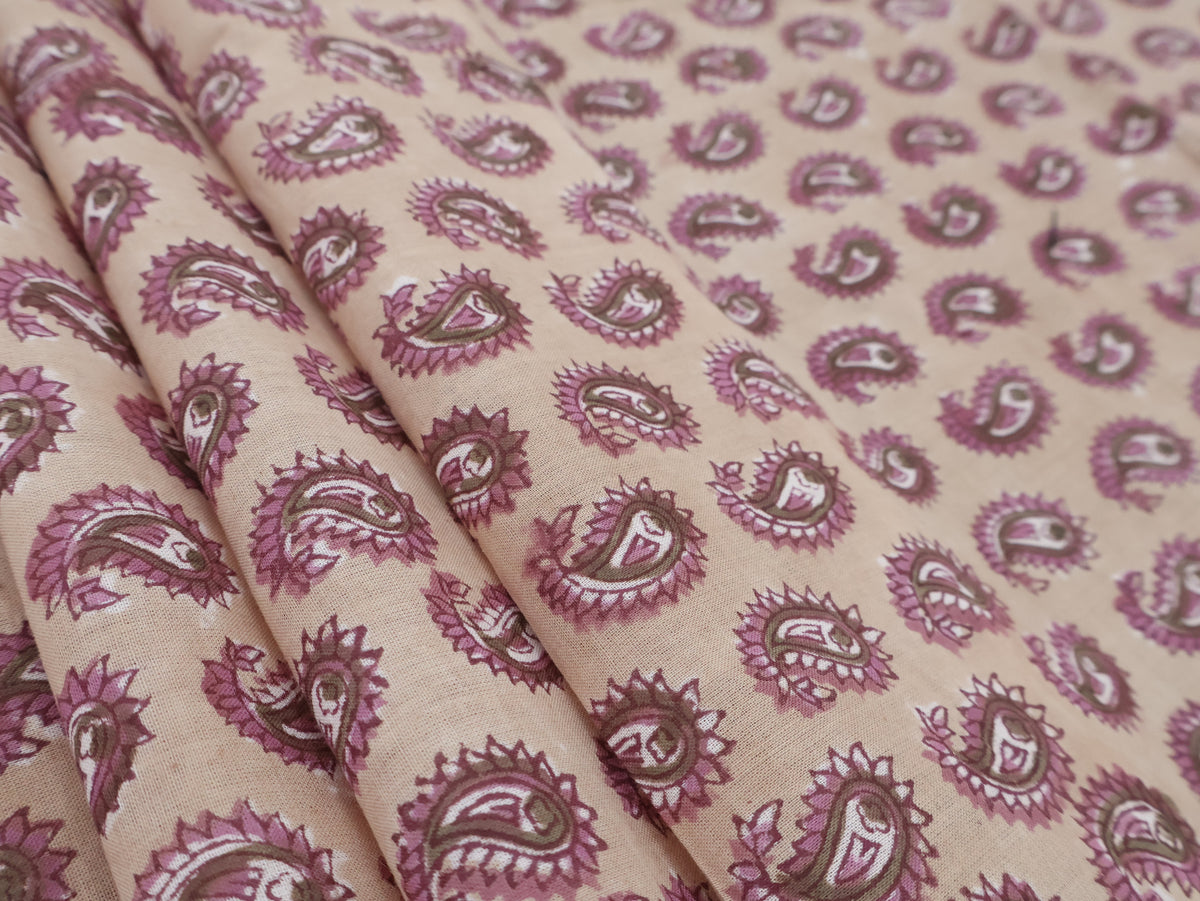 Hand Blockprint Cotton Fabric: Brown & Pink Paisley, Indian Fabric by the Yard