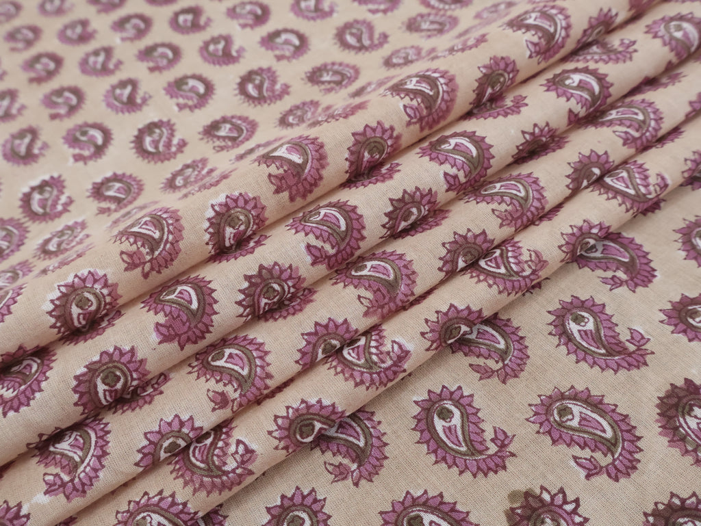 Hand Blockprint Cotton Fabric: Brown & Pink Paisley, Indian Fabric by the Yard