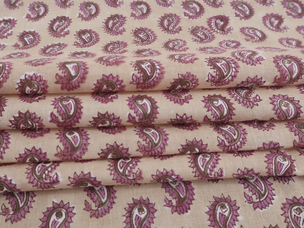 Hand Blockprint Cotton Fabric: Brown & Pink Paisley, Indian Fabric by the Yard