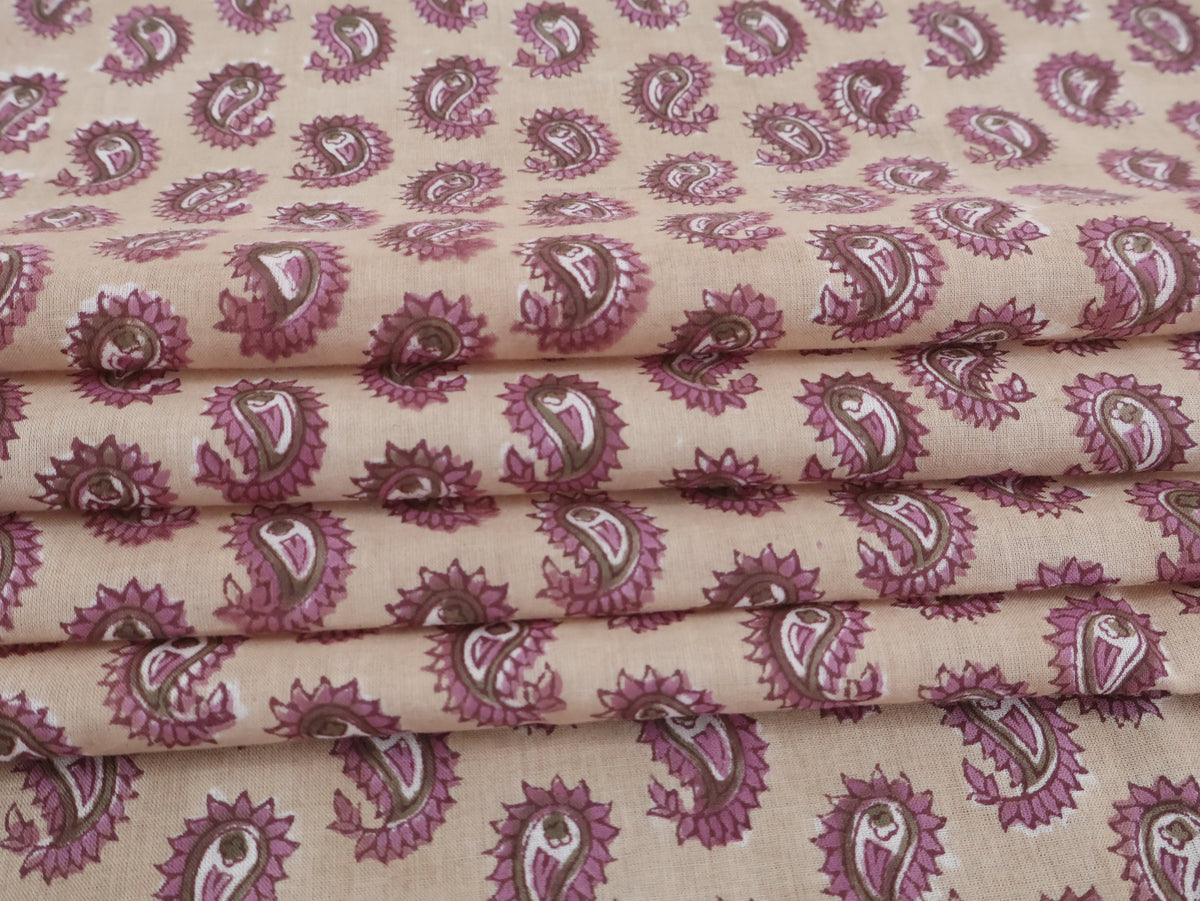 Hand Blockprint Cotton Fabric: Brown & Pink Paisley, Indian Fabric by the Yard
