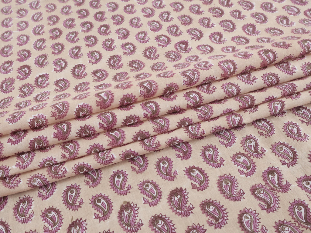 Hand Blockprint Cotton Fabric: Brown & Pink Paisley, Indian Fabric by the Yard