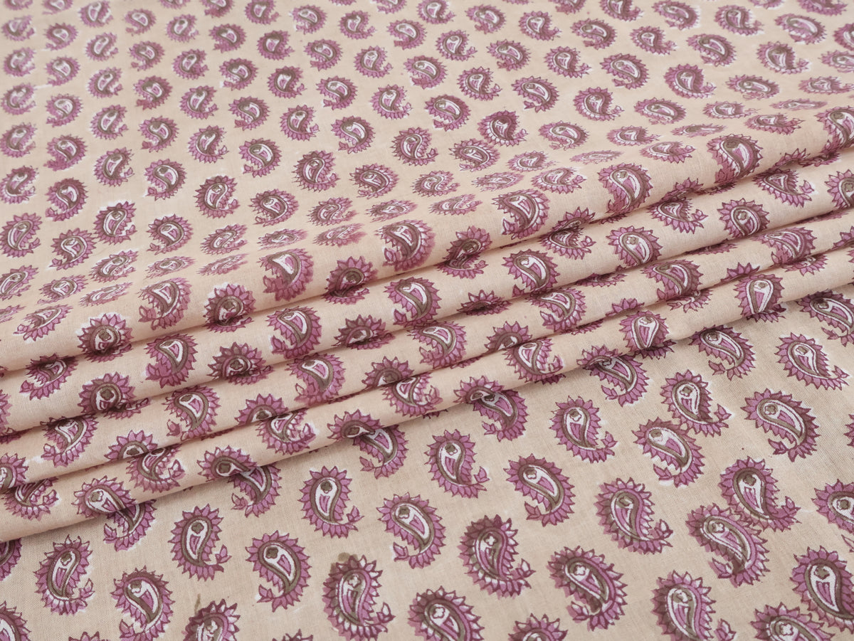 Hand Blockprint Cotton Fabric: Brown & Pink Paisley, Indian Fabric by the Yard