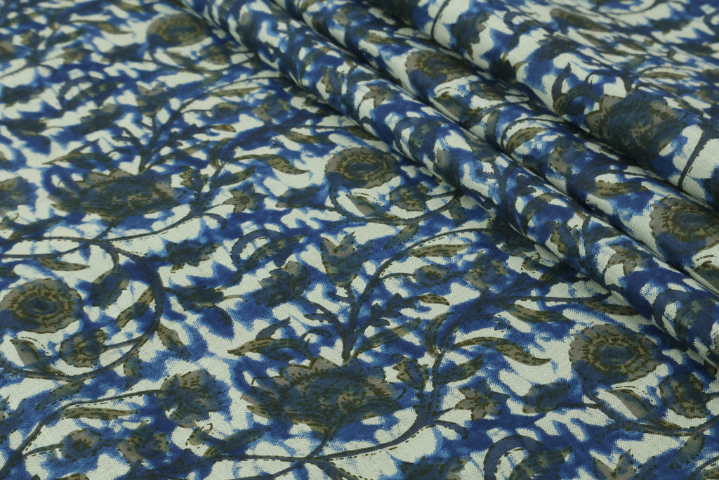 Blue Floral Blockprint Cotton Fabric: Handstamped Indian Fabric