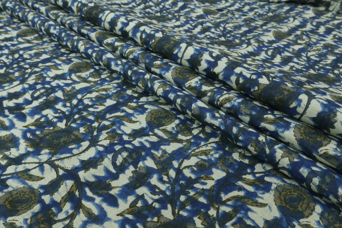 Blue Floral Blockprint Cotton Fabric: Handstamped Indian Fabric