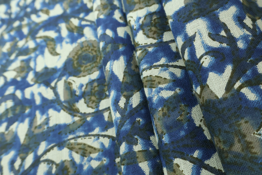 Blue Floral Blockprint Cotton Fabric: Handstamped Indian Fabric